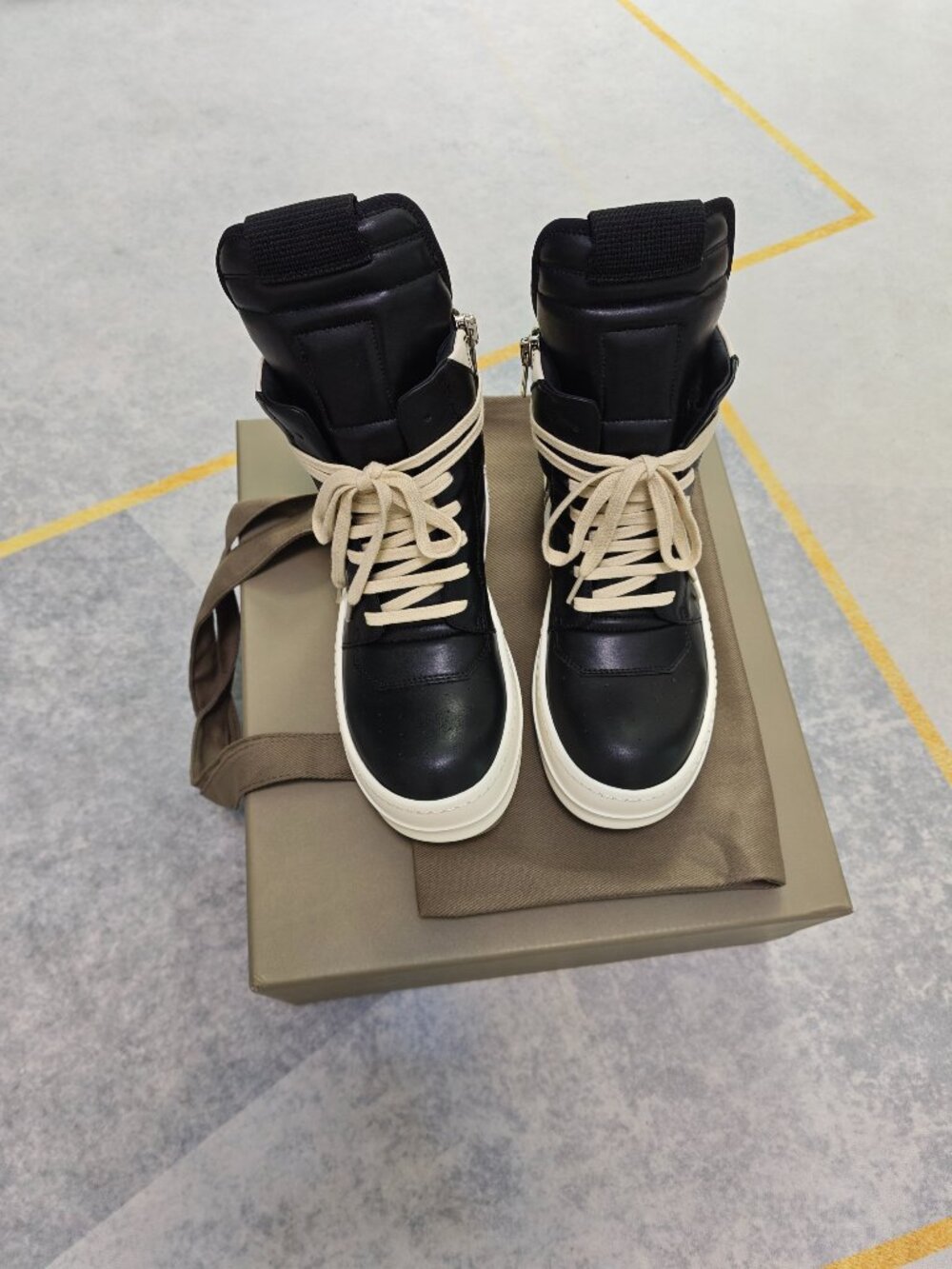 Rick Owens Black Leather High-Top Boots with Cream Laces and Off-White Sole